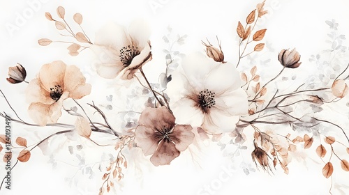 Watercolor Painting of Delicate Brown Flowers and Branches