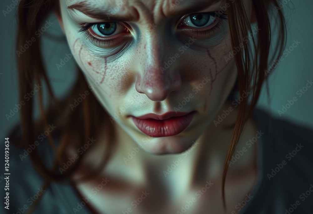 Scared female portrait with pale complexion and tense expression Scared female portrait with pale complexion and tense expression