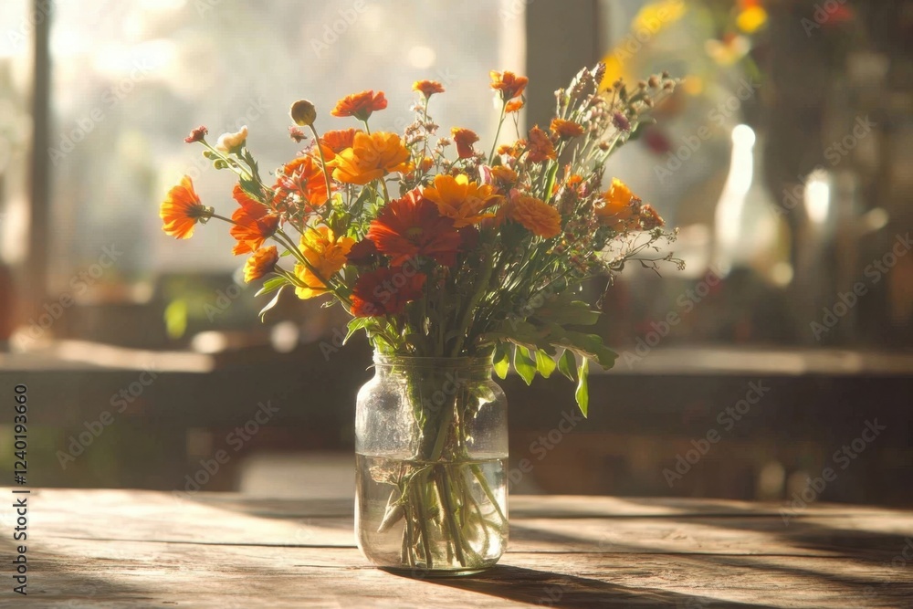 Autumn flowers in sunlight illuminating rustic jar arrangement Autumn flowers in sunlight illuminating rustic jar arrangement