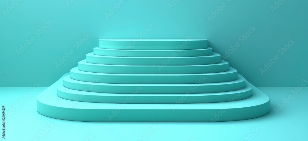 Abstract pastel green tiered platform against a light teal background. The image features smooth, curved lines and a minimalist aesthetic. Perfect Abstract pastel green tiered platform against a light teal background. The image features smooth, curved lines and a minimalist aesthetic. Perfect