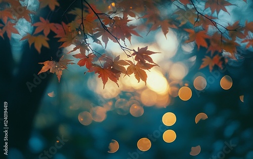 Autumn Maple Leaves Sunset Garden Bokeh Background
