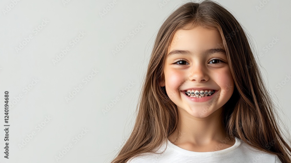 Close-up of happy child showing her orthodontic appliance and healthy smile, with space for text	