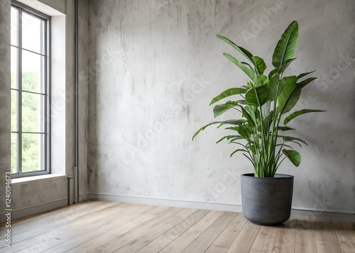 stock photo Minimalist interior, large potted green plant in dark grey pot, muted grey textured walls, natural light from left window, wooden floor planks