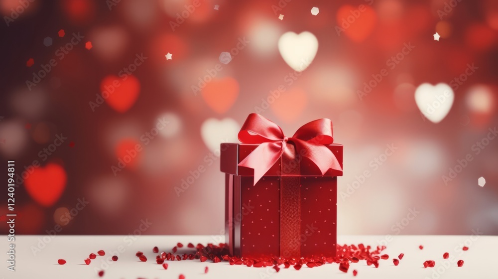 Red gift box on red table with heart shaped confetti. Celebrate Valentine's day, wedding, anniversary or birthday, love, flatlay mockup with place for text Red gift box on red table with heart shaped confetti. Celebrate Valentine's day, wedding, anniversary or birthday, love, flatlay mockup with place for text