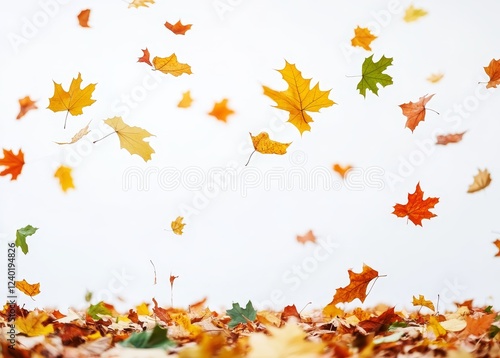 Autumn leaves falling, white background, ground cover, seasonal design