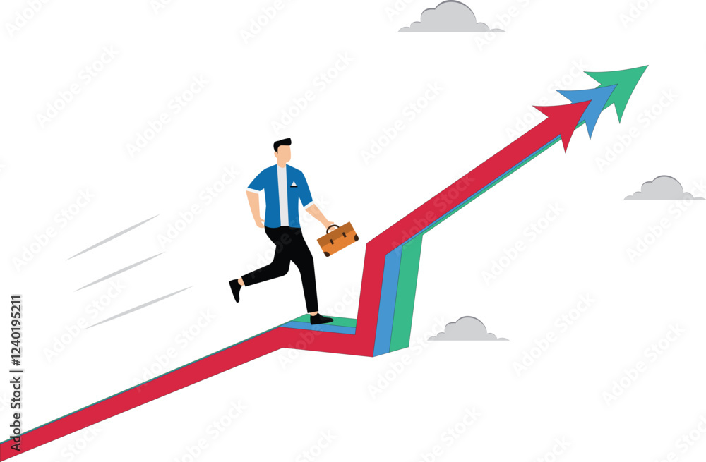 Consistency to growth, reliability or stability to progress in career development, balance or steady step, continuity growing, certainty concept, businessman walk slowly on steady consistence arrow Consistency to growth, reliability or stability to progress in career development, balance or steady step, continuity growing, certainty concept, businessman walk slowly on steady consistence arrow