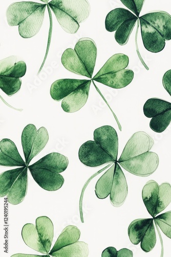 Green shamrocks scattered on a white background, evoking irish charm, vertical