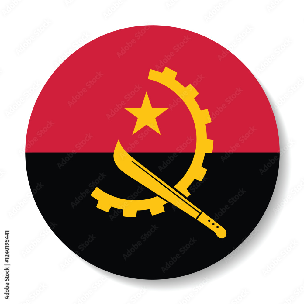 The flag of Angola. Button flag icon. Standard color. Circle icon flag. Computer illustration. Digital illustration. Vector illustration. The flag of Angola. Button flag icon. Standard color. Circle icon flag. Computer illustration. Digital illustration. Vector illustration.