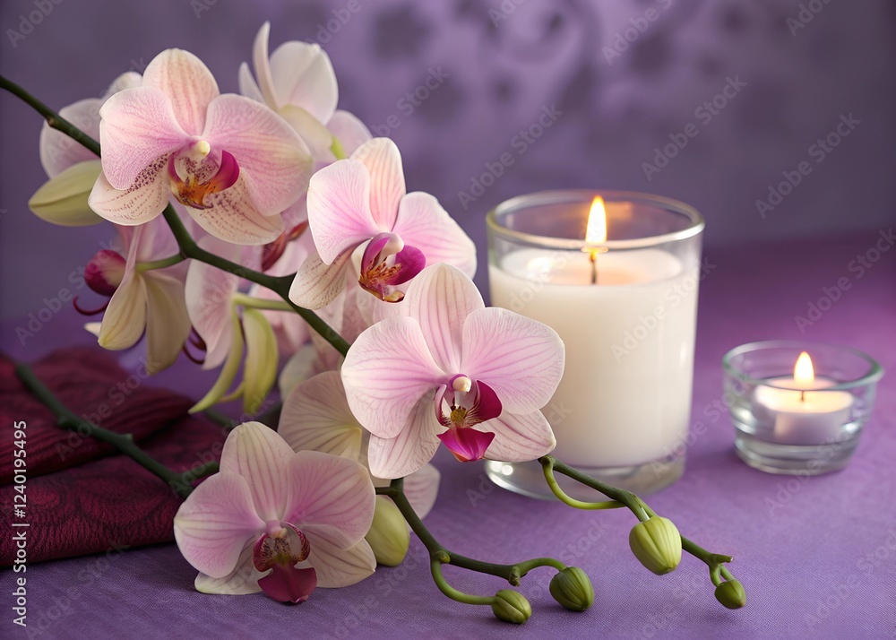 Elegant Orchids Arranged with a Candle on Purple Background Elegant Orchids Arranged with a Candle on Purple Background