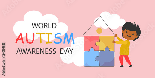 cute cartoon child and house of colorful puzzle. World awareness day background design celebrating poster modern flat vector
