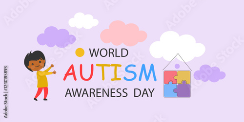 cute cartoon child and house of colorful puzzle. World awareness day background design celebrating poster modern flat vector