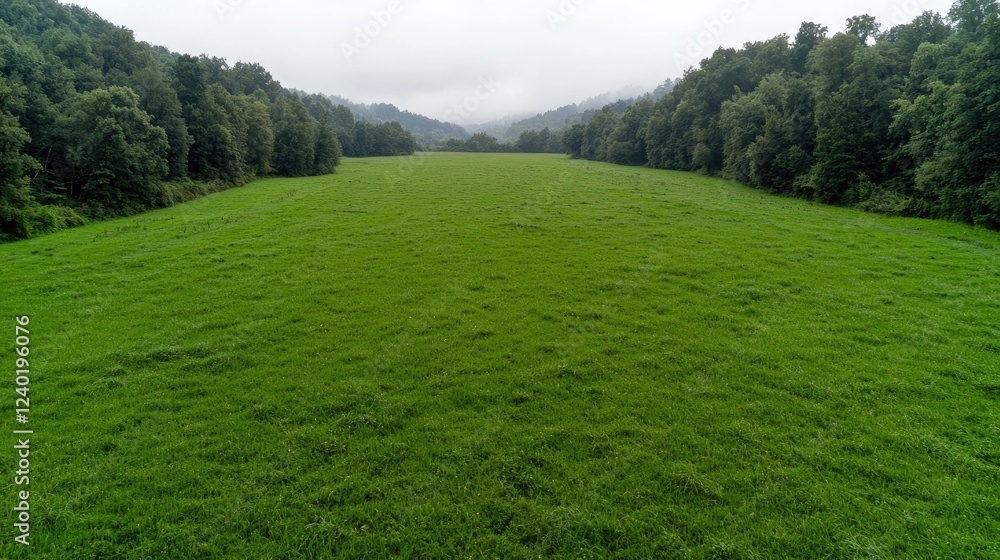 Lush green meadow, valley, misty mountains, aerial view, nature Lush green meadow, valley, misty mountains, aerial view, nature