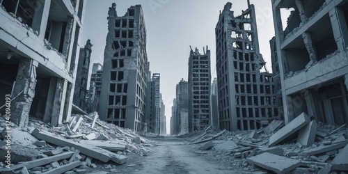 Echoes of the past a somber urban canyon of ruined skyscrapers