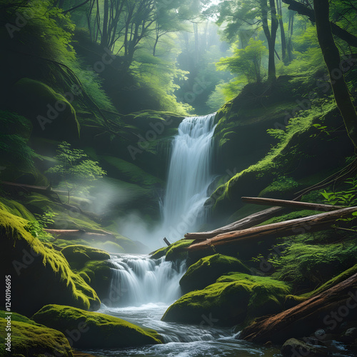 This breathtaking 8K photograph captures a serene waterfall hidden deep within a lush forest. The falls cascade gently over moss-covered rocks