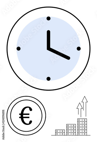 Clock indicating time, Euro currency symbol, rising arrow and buildings symbolizing financial growth. Ideal for time management, investment, success, efficiency, planning, business abstract line