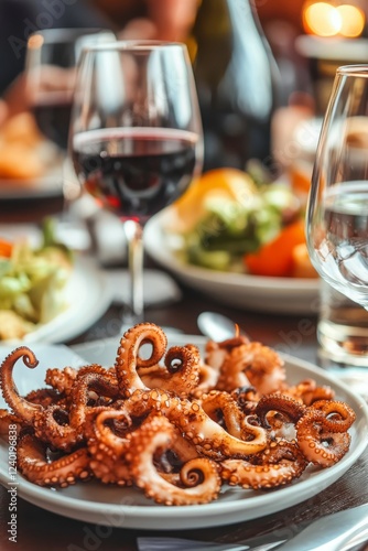 Fried octopus on a plate and a glass of wine. selective focus. Generative AI,