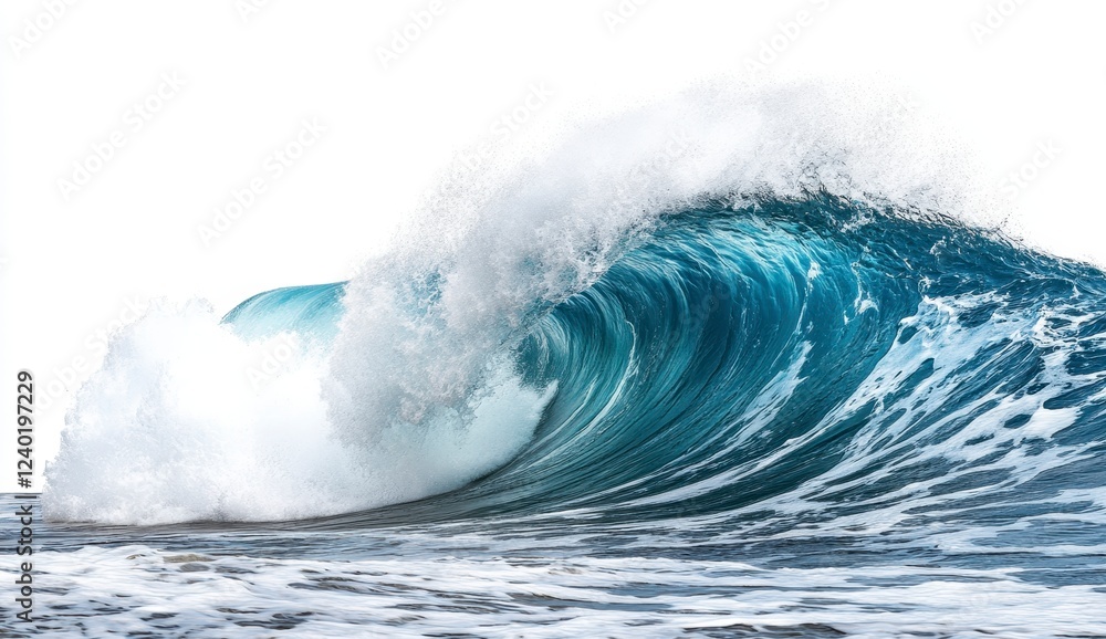 Large ocean wave crashing, blue green water, white foam, isolated on white background. Dynamic action shot of powerful wave in nature Large ocean wave crashing, blue green water, white foam, isolated on white background. Dynamic action shot of powerful wave in nature