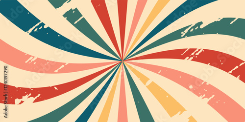 Circus background and spiral retro rays vector pattern. Vintage poster of red white sun or star burst radial lines with grunge texture, circus, carnival, summer fair or chapiteau backdrop