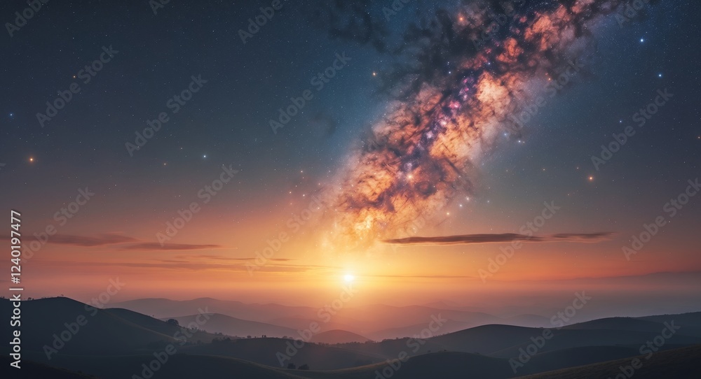 Naklejka premium Majestic Milky Way Sunrise Over Silhouetted Hills.