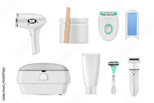 Depilatory product razor and wax device for hair remove set realistic vector illustration