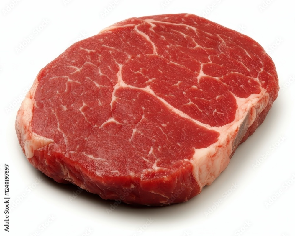 Close up view of a single, raw beef steak on a white background. The steak is rich red in color with visible marbling. It is presented in a simple Close up view of a single, raw beef steak on a white background. The steak is rich red in color with visible marbling. It is presented in a simple