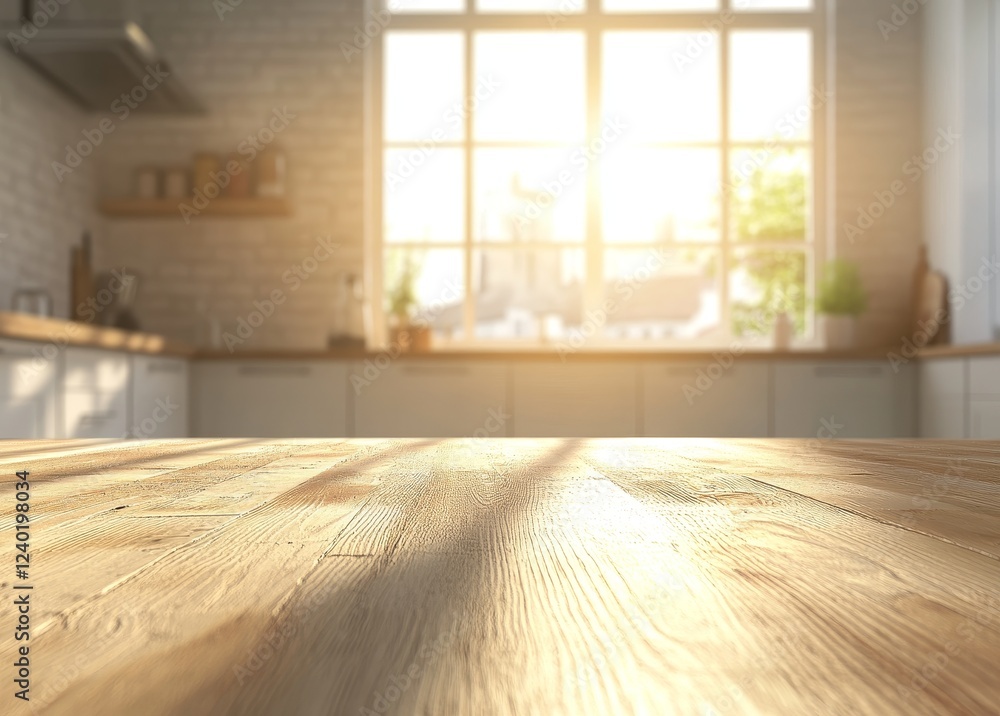 Fototapeta premium Sunny kitchen table, product display, sunlight