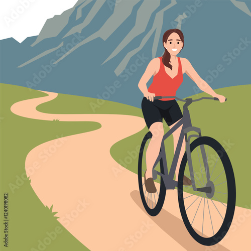 Mountain Trail Cycling. Woman rides her bicycle along a trail through scenic mountain landscape. Flat vector illustration isolated on white background