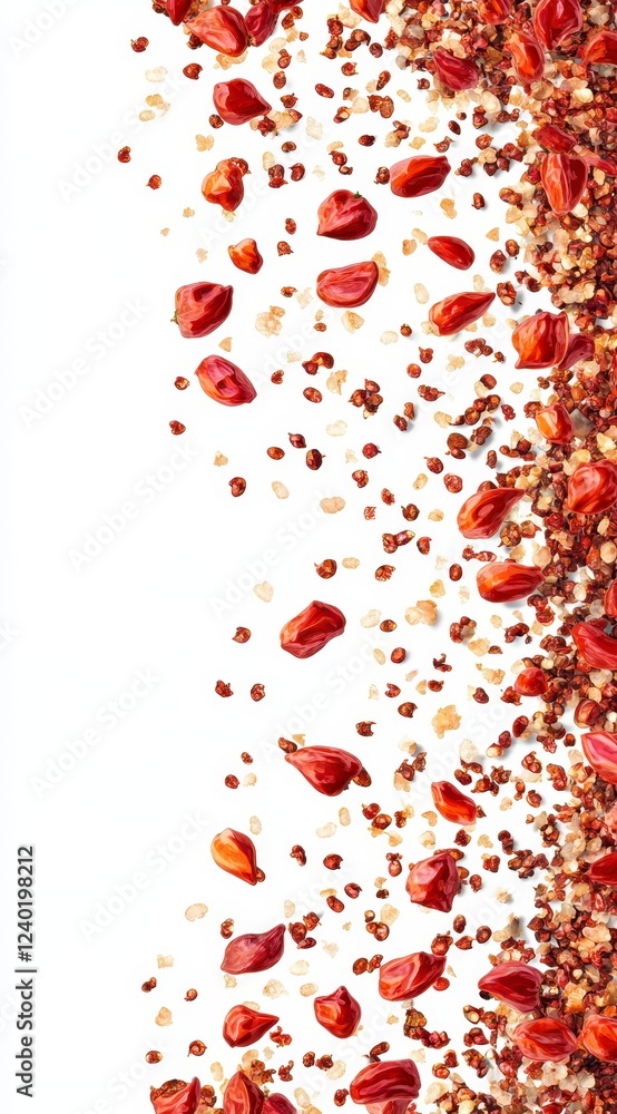 Obraz premium Red and beige dried spice pieces falling onto a white background, creating a vertical cascade. High key lighting accentuates the texture and color
