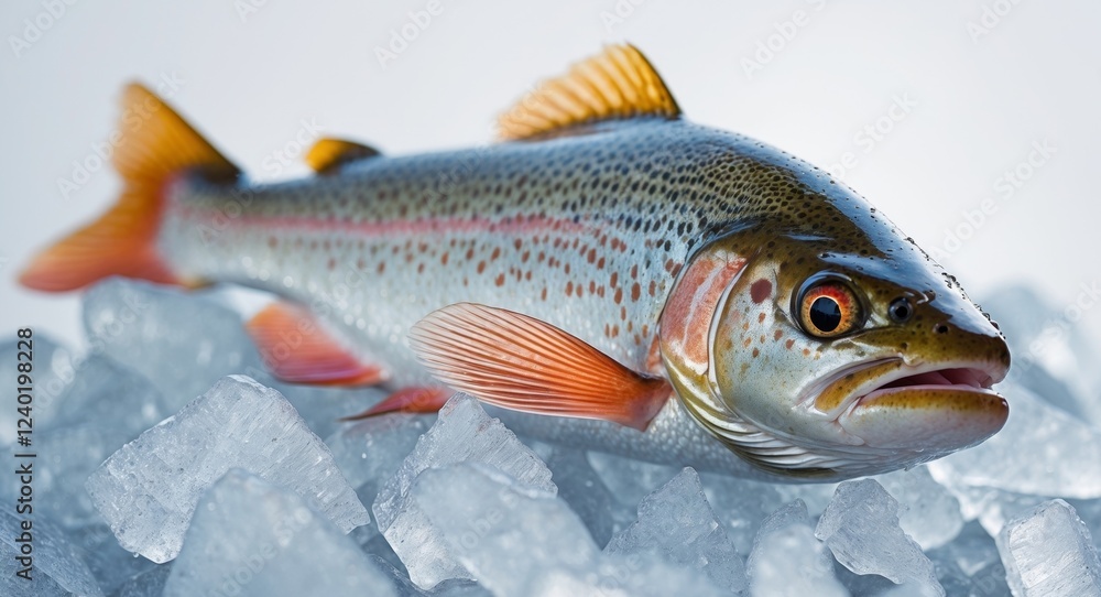 Fototapeta premium Fresh brown trout resting on crushed ice close up.
