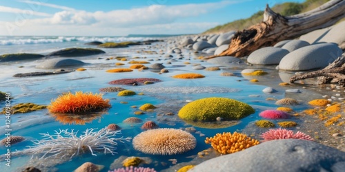 Colorful Marine Life in Tidal Pools on Coastal Shoreline photo