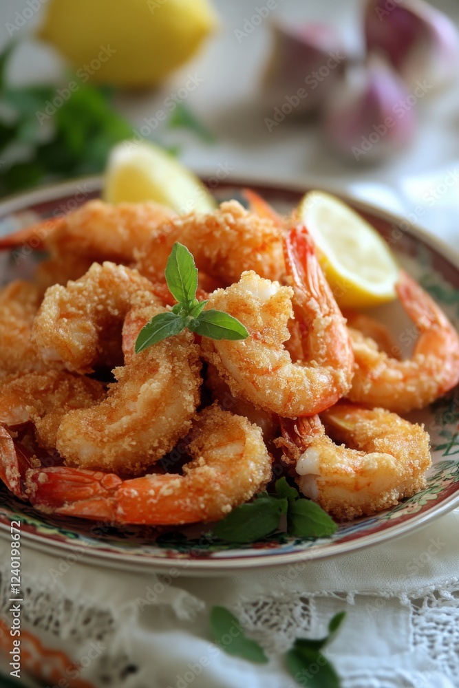 Fried shrimps on a plate with vegetables, Generative AI, Fried shrimps on a plate with vegetables, Generative AI,