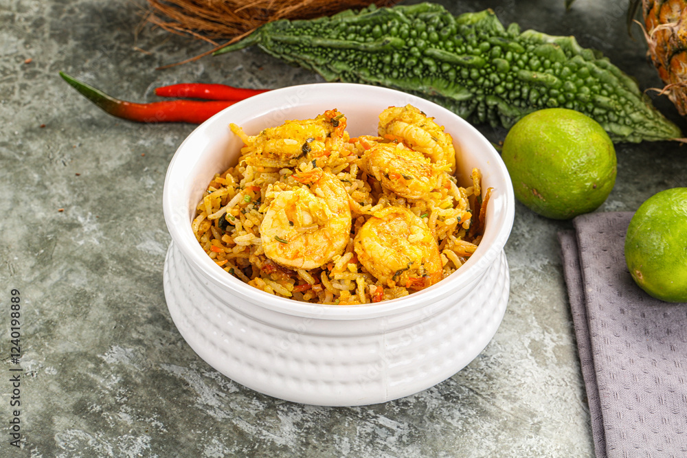 Fototapeta premium Indian cuisine - Biryani rice with prawn