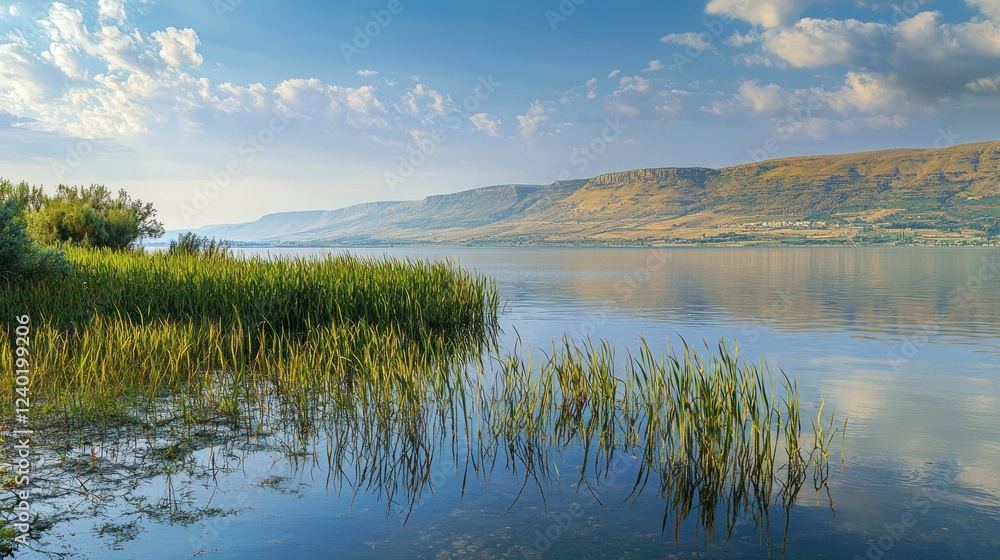 Fototapeta premium The lush greenery of the Sea of Galilee with distant mountains and a calm, reflective body of water