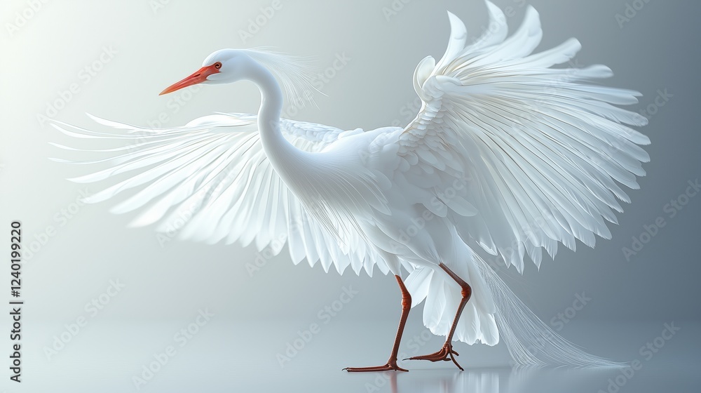 Elegant white bird with spreading wings in a soft light environment Elegant white bird with spreading wings in a soft light environment