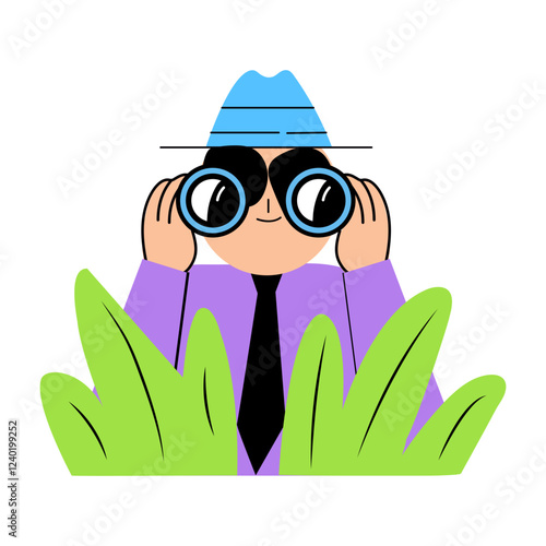 A detective looking through binoculars while hiding in the bushes, flat illustration 

