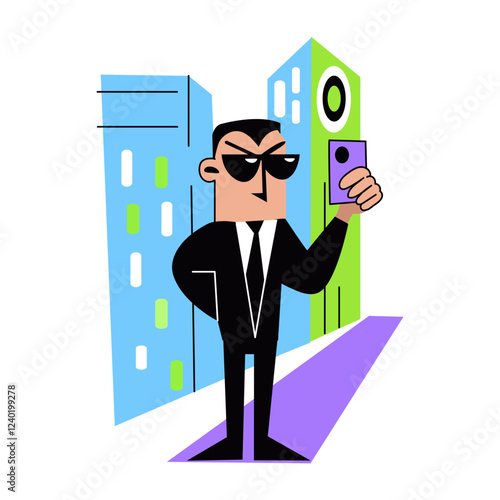 A flat illustration of spy agent finding criminal 
