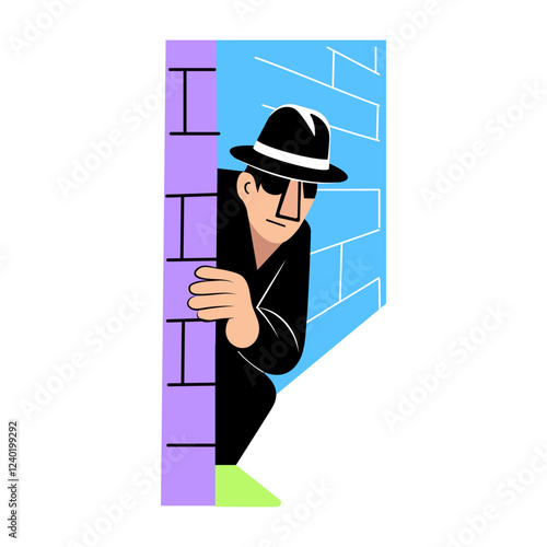 A flat illustration of a detective peeking from a wall
