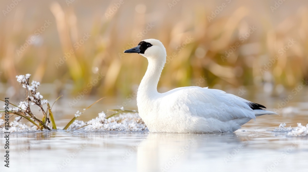 Snowy swan swimming wetland winter sunrise nature Snowy swan swimming wetland winter sunrise nature