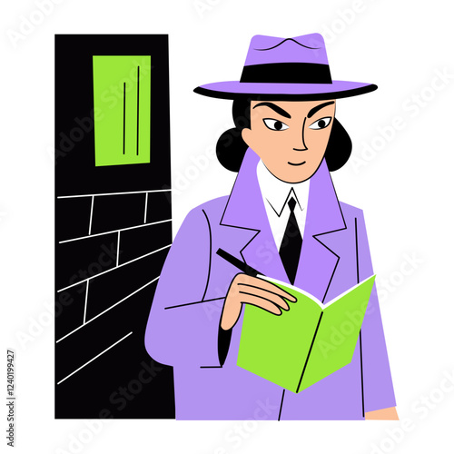 A flat illustration of female investigator holding a diary 

