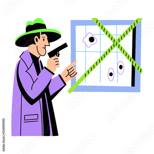 A flat illustration of detective solving murder mystery 
