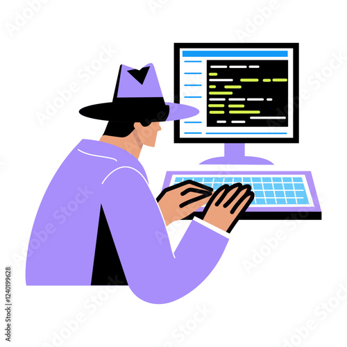 A character doing computer hacking, illustration in flat style 
