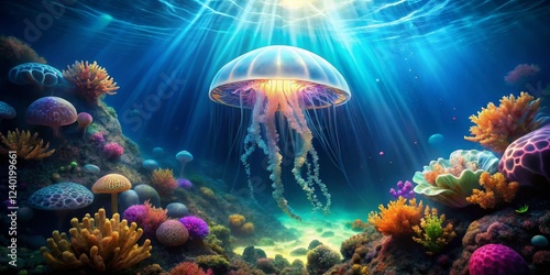 Ethereal Jellyfish Gliding Through a Vibrant Coral Reef