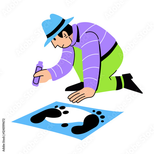 A flat illustration of detective finding criminal footprints 
