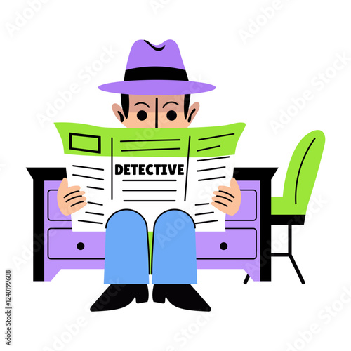 Detective hiding his face behind the newspaper, flat style illustration 
