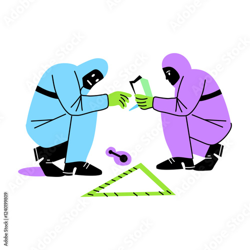 A flat illustration of detectives finding clues from criminal place 
