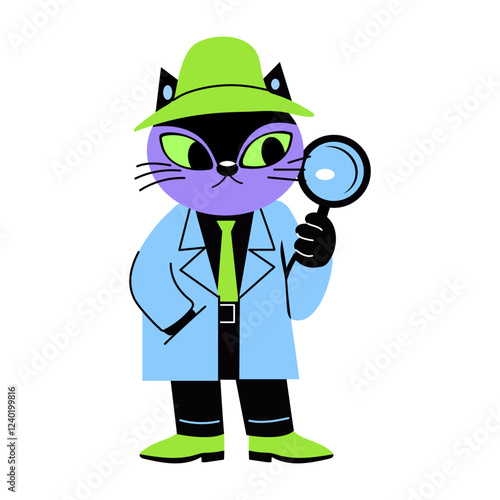 A flat style illustration of detective cat holding magnifying glass 
