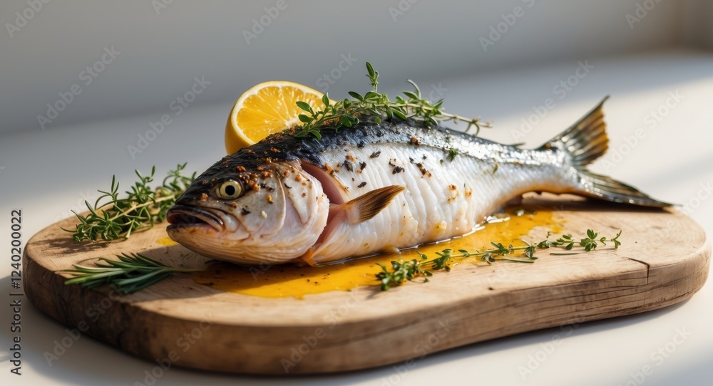 Whole Roasted Fish with Charred Herbs and Lemon on a Wooden Serving Board Whole Roasted Fish with Charred Herbs and Lemon on a Wooden Serving Board