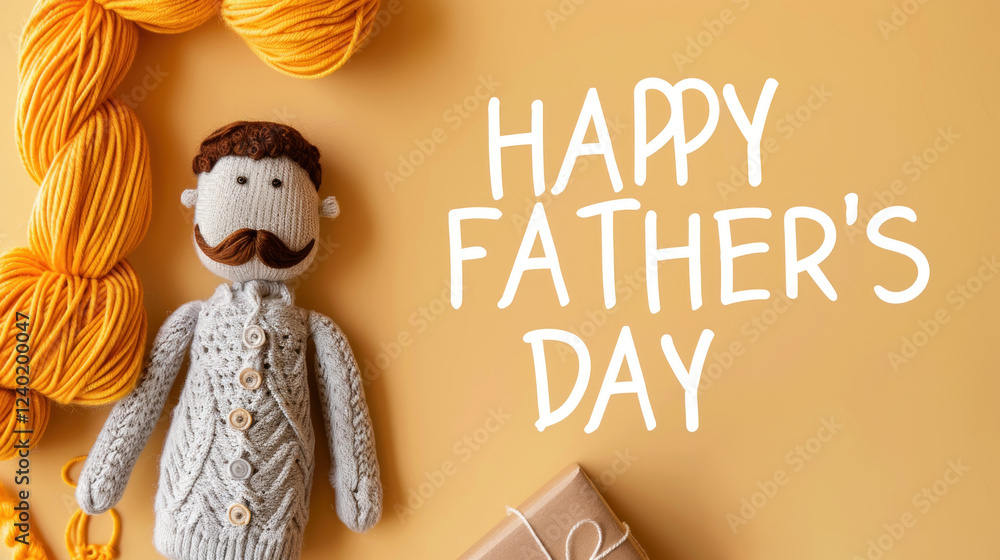 Obraz premium Festive Father’s Day Celebration with Yarn, a Doll, Gift Box, and Cheerful Colors in Background