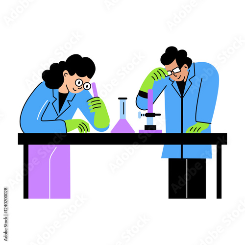A flat illustration of lab doctors doing experimental work 

