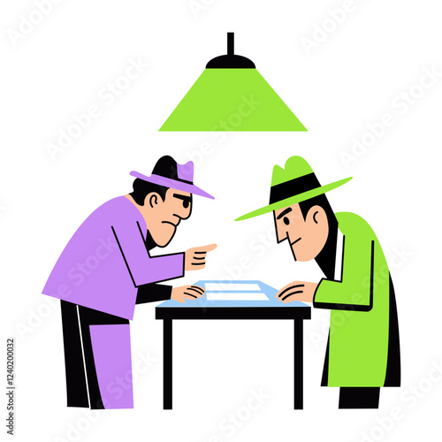 A flat illustration of two secret agents discussing their mission 

